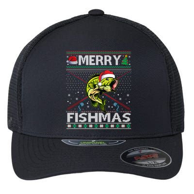 Merry Fishmas Bass Fish Fishing Christmas Ugly Sweater Xmas Great Gift Flexfit Unipanel Trucker Cap