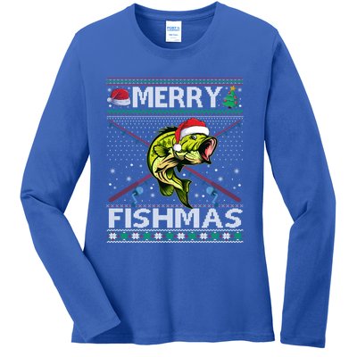 Merry Fishmas Bass Fish Fishing Christmas Ugly Sweater Xmas Great Gift Ladies Long Sleeve Shirt