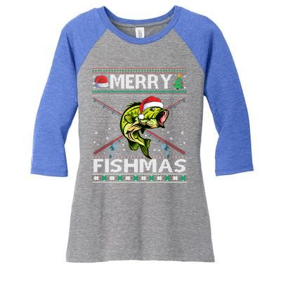 Merry Fishmas Bass Fish Fishing Christmas Ugly Sweater Xmas Great Gift Women's Tri-Blend 3/4-Sleeve Raglan Shirt