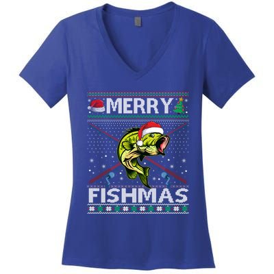 Merry Fishmas Bass Fish Fishing Christmas Ugly Sweater Xmas Great Gift Women's V-Neck T-Shirt