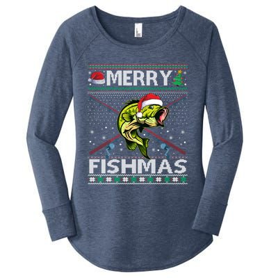 Merry Fishmas Bass Fish Fishing Christmas Ugly Sweater Xmas Great Gift Women's Perfect Tri Tunic Long Sleeve Shirt