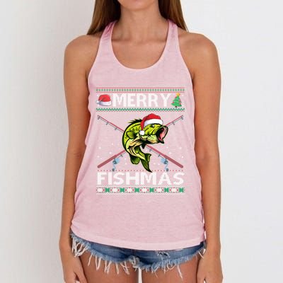 Merry Fishmas Bass Fish Fishing Christmas Ugly Sweater Xmas Great Gift Women's Knotted Racerback Tank