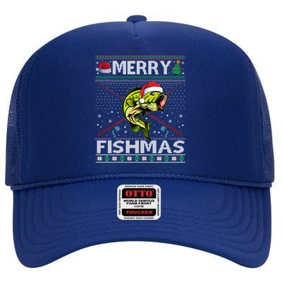 Merry Fishmas Bass Fish Fishing Christmas Ugly Sweater Xmas Great Gift High Crown Mesh Back Trucker Hat