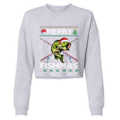 Merry Fishmas Bass Fish Fishing Christmas Ugly Sweater Xmas Great Gift Cropped Pullover Crew