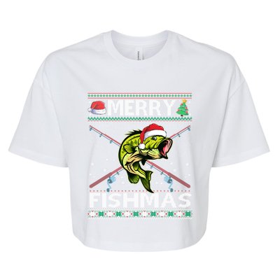 Merry Fishmas Bass Fish Fishing Christmas Ugly Sweater Xmas Great Gift Bella+Canvas Jersey Crop Tee