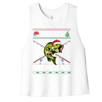 Merry Fishmas Bass Fish Fishing Christmas Ugly Sweater Xmas Great Gift Women's Racerback Cropped Tank