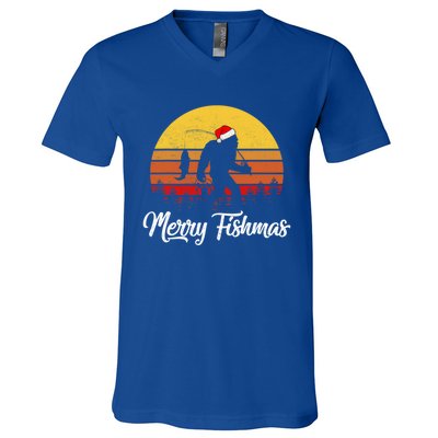 Merry Fishmas Bigfoot Fish Fishing Fisher Christmas Xmas Gift V-Neck T-Shirt