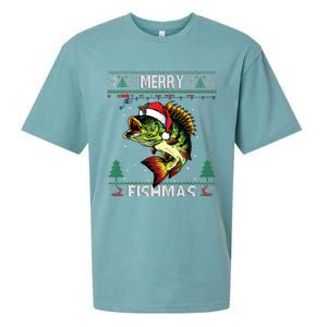 Merry Fishmas Bass Fish Fishing Christmas Ugly Sweater Xmas Sueded Cloud Jersey T-Shirt