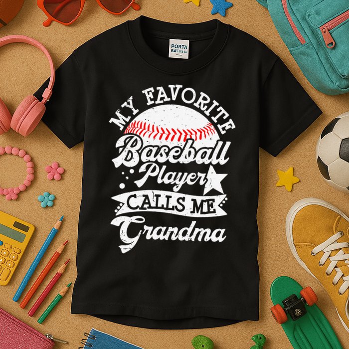 My Favorite Baseball Player Calls Me Grandma Baseball Family Kids T-Shirt