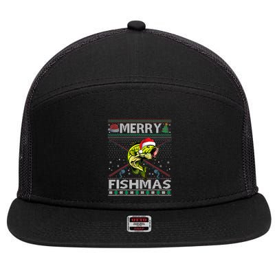 Merry Fishmas Bass Fish Fishing Christmas Ugly Sweater Xmas 7 Panel Mesh Trucker Snapback Hat