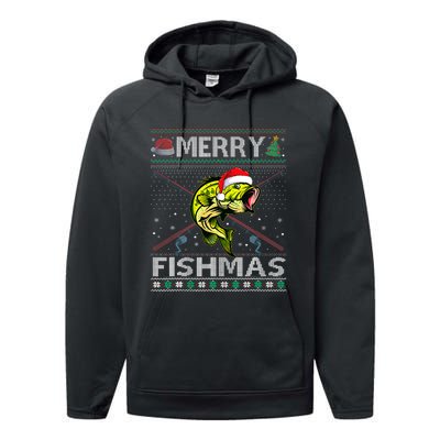 Merry Fishmas Bass Fish Fishing Christmas Ugly Sweater Xmas Performance Fleece Hoodie