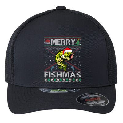 Merry Fishmas Bass Fish Fishing Christmas Ugly Sweater Xmas Flexfit Unipanel Trucker Cap