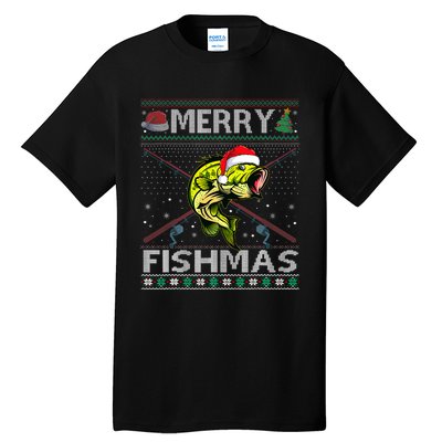 Merry Fishmas Bass Fish Fishing Christmas Ugly Sweater Xmas Tall T-Shirt