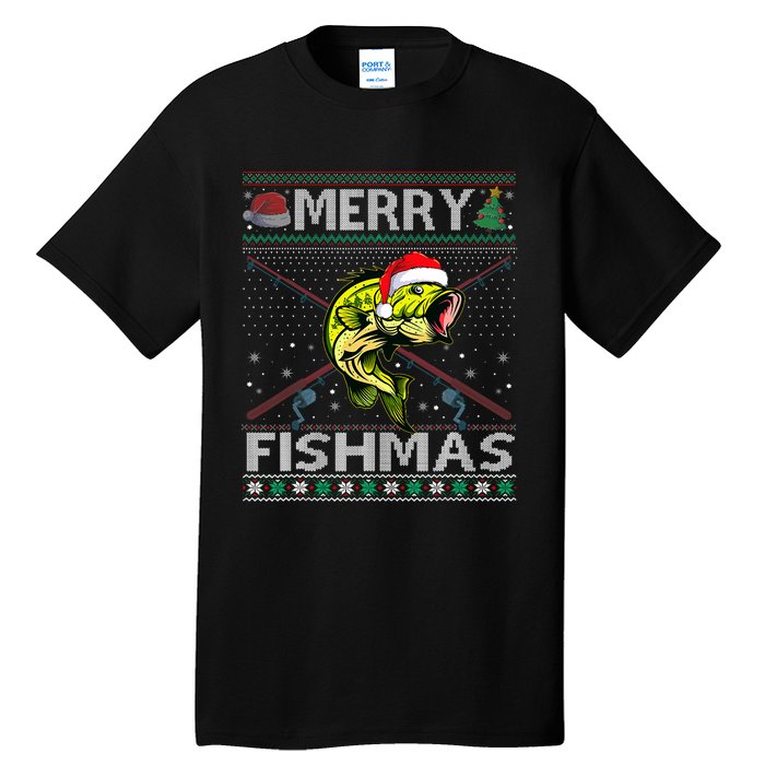 Merry Fishmas Bass Fish Fishing Christmas Ugly Sweater Xmas Tall T-Shirt