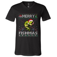 Merry Fishmas Bass Fish Fishing Christmas Ugly Sweater Xmas V-Neck T-Shirt