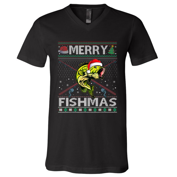 Merry Fishmas Bass Fish Fishing Christmas Ugly Sweater Xmas V-Neck T-Shirt