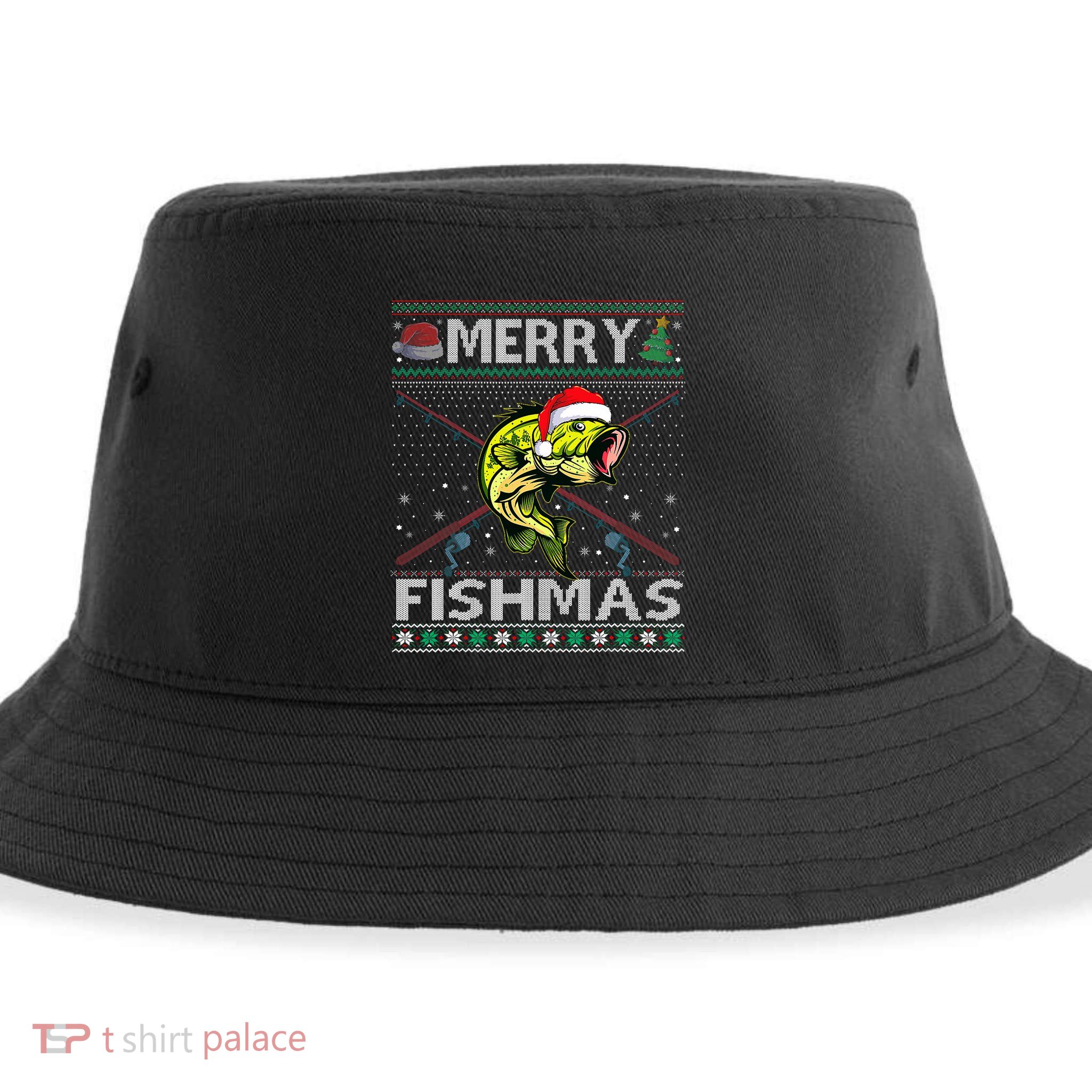 Merry Fishmas Bass Fish Fishing Christmas Ugly Sweater Xmas Sustainable Bucket Hat