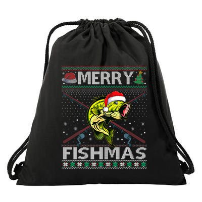 Merry Fishmas Bass Fish Fishing Christmas Ugly Sweater Xmas Drawstring Bag
