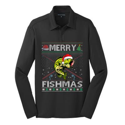 Merry Fishmas Bass Fish Fishing Christmas Ugly Sweater Xmas Silk Touch Performance Long Sleeve Polo