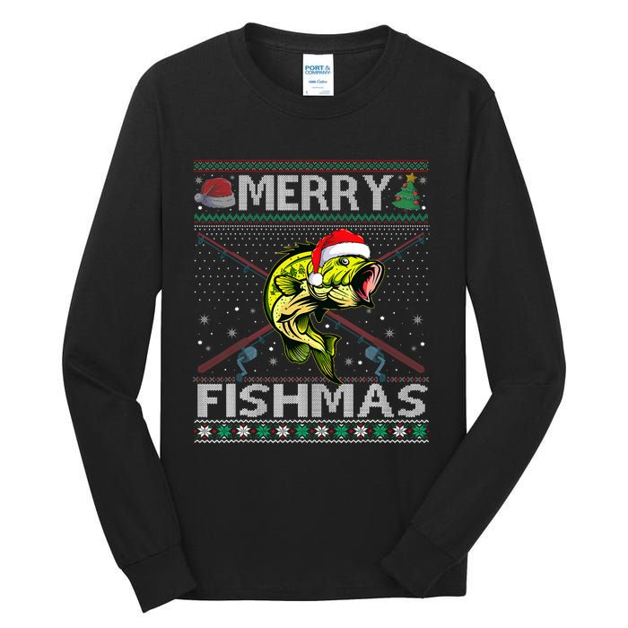 Merry Fishmas Bass Fish Fishing Christmas Ugly Sweater Xmas Tall Long Sleeve T-Shirt