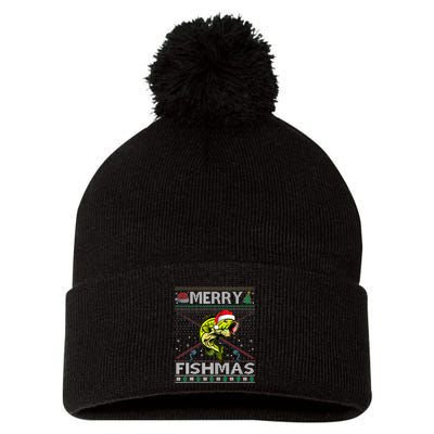 Merry Fishmas Bass Fish Fishing Christmas Ugly Sweater Xmas Pom Pom 12in Knit Beanie