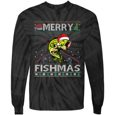 Merry Fishmas Bass Fish Fishing Christmas Ugly Sweater Xmas Tie-Dye Long Sleeve Shirt