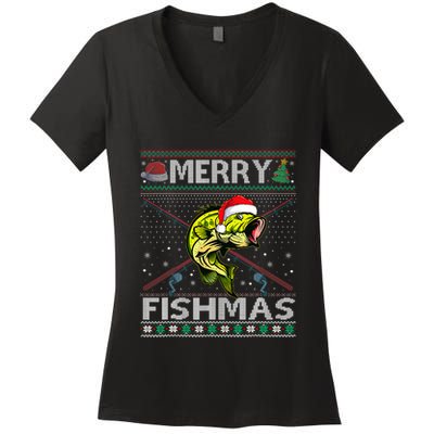 Merry Fishmas Bass Fish Fishing Christmas Ugly Sweater Xmas Women's V-Neck T-Shirt