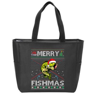 Merry Fishmas Bass Fish Fishing Christmas Ugly Sweater Xmas Zip Tote Bag