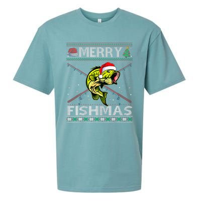 Merry Fishmas Bass Fish Fishing Christmas Ugly Sweater Xmas Sueded Cloud Jersey T-Shirt