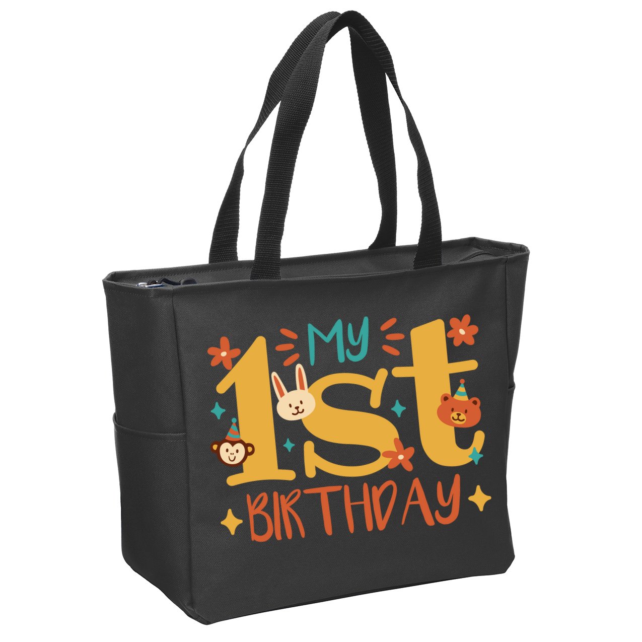 My First Birthday Animal Zip Tote Bag