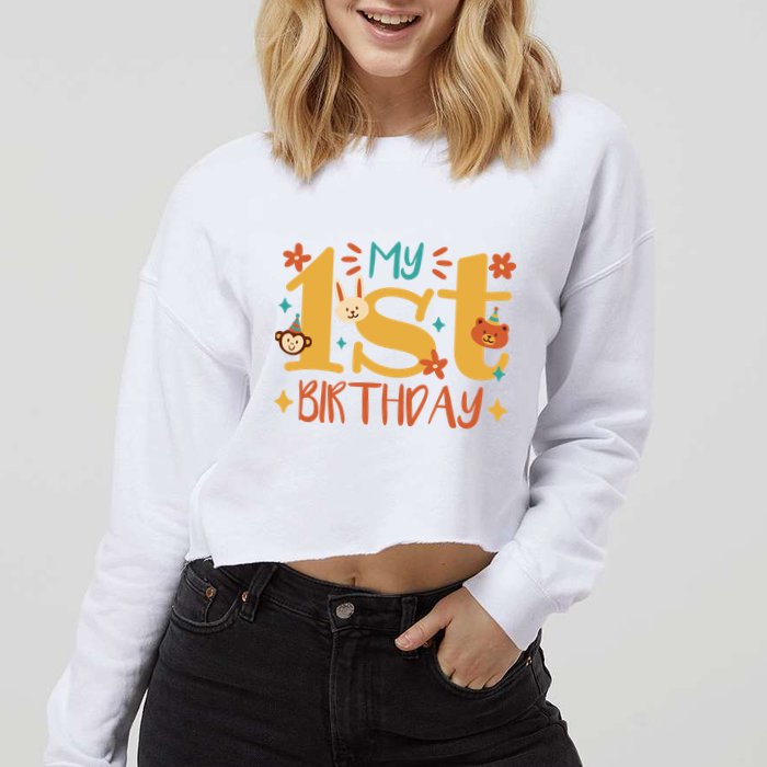My First Birthday Animal Cropped Pullover Crew