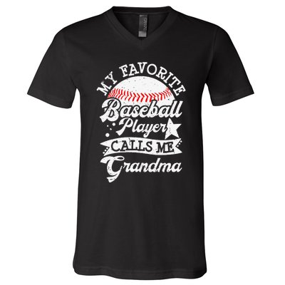 My Favorite Baseball Player Calls Me Grandma Baseball Family V-Neck T-Shirt