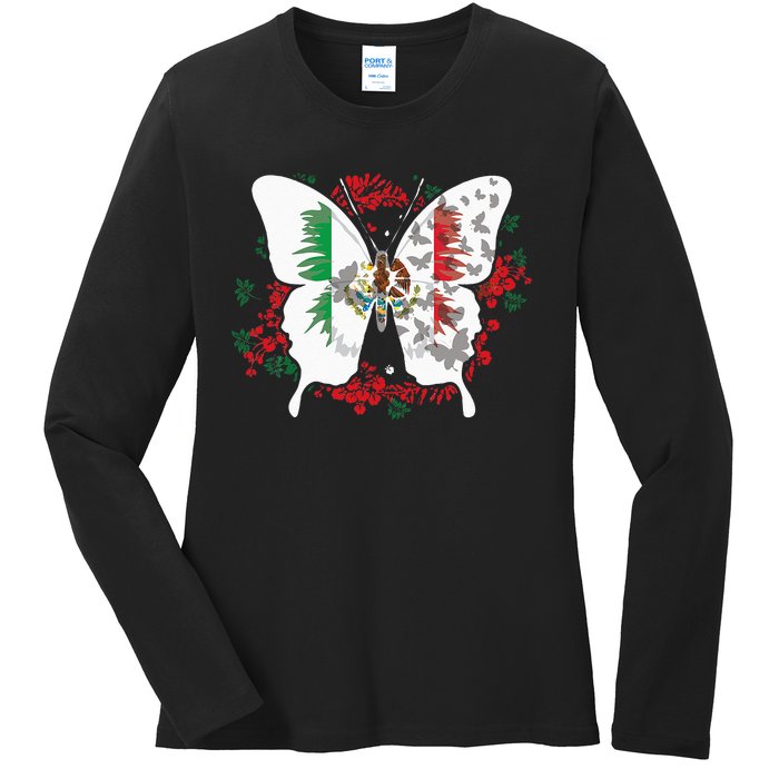 Mexican Flag Butterfly Mexicans Ladies Long Sleeve Shirt