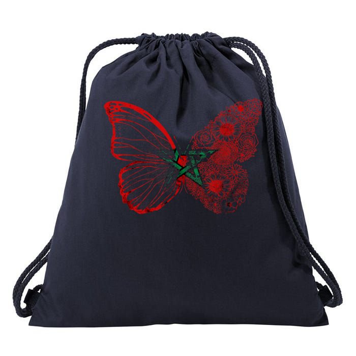 Morocco Flag Butterfly Moroccan Roots Moroccan Flag Morocco Drawstring Bag