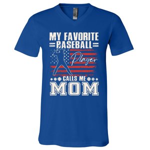 My Favorite Baseball Player Calls Me Mom American Flag Gift V-Neck T-Shirt