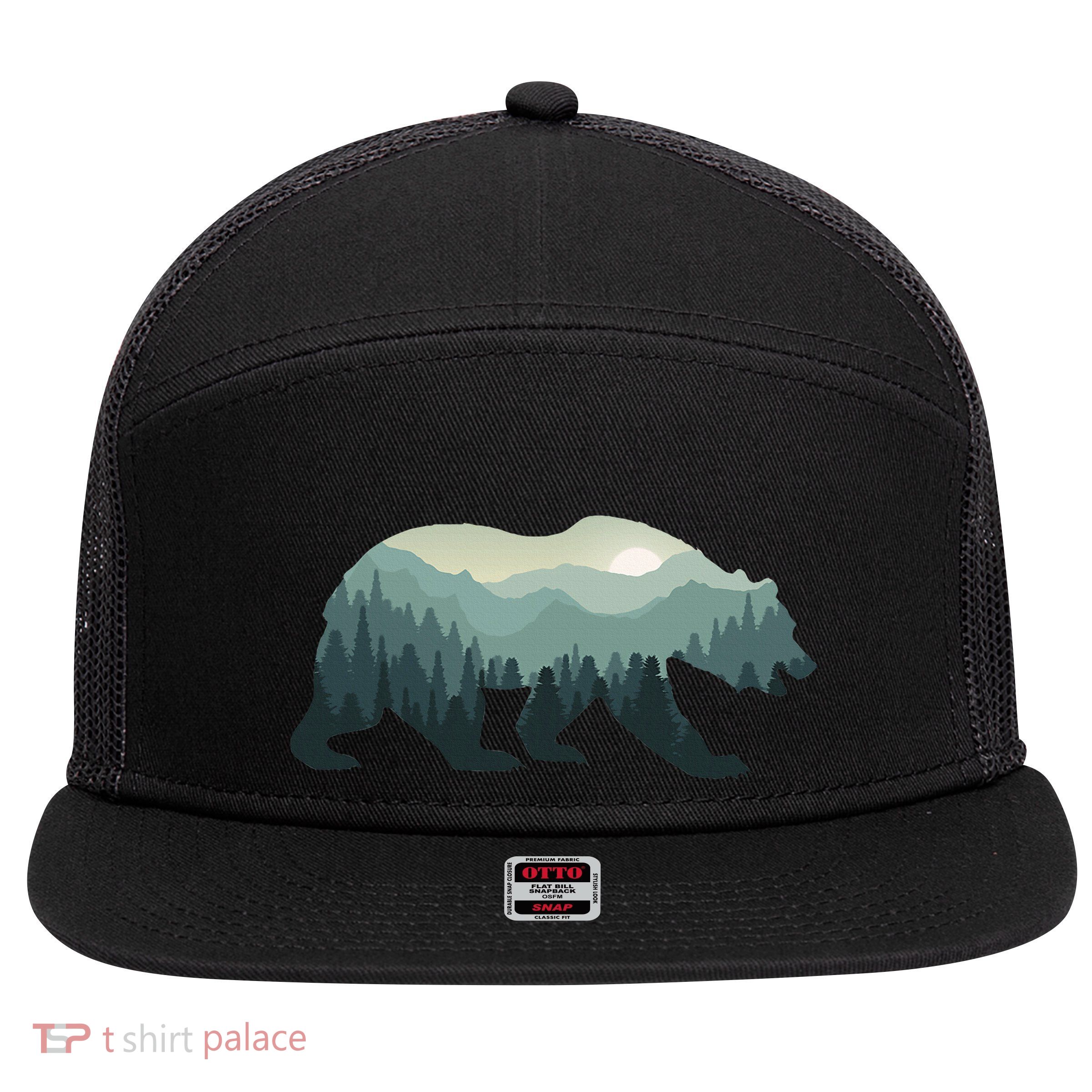 Misty Forest Bear Silhouette Wildlife Nature Lover 7 Panel Mesh Trucker Snapback Hat