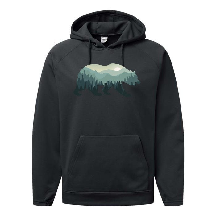 Misty Forest Bear Silhouette Wildlife Nature Lover Performance Fleece Hoodie