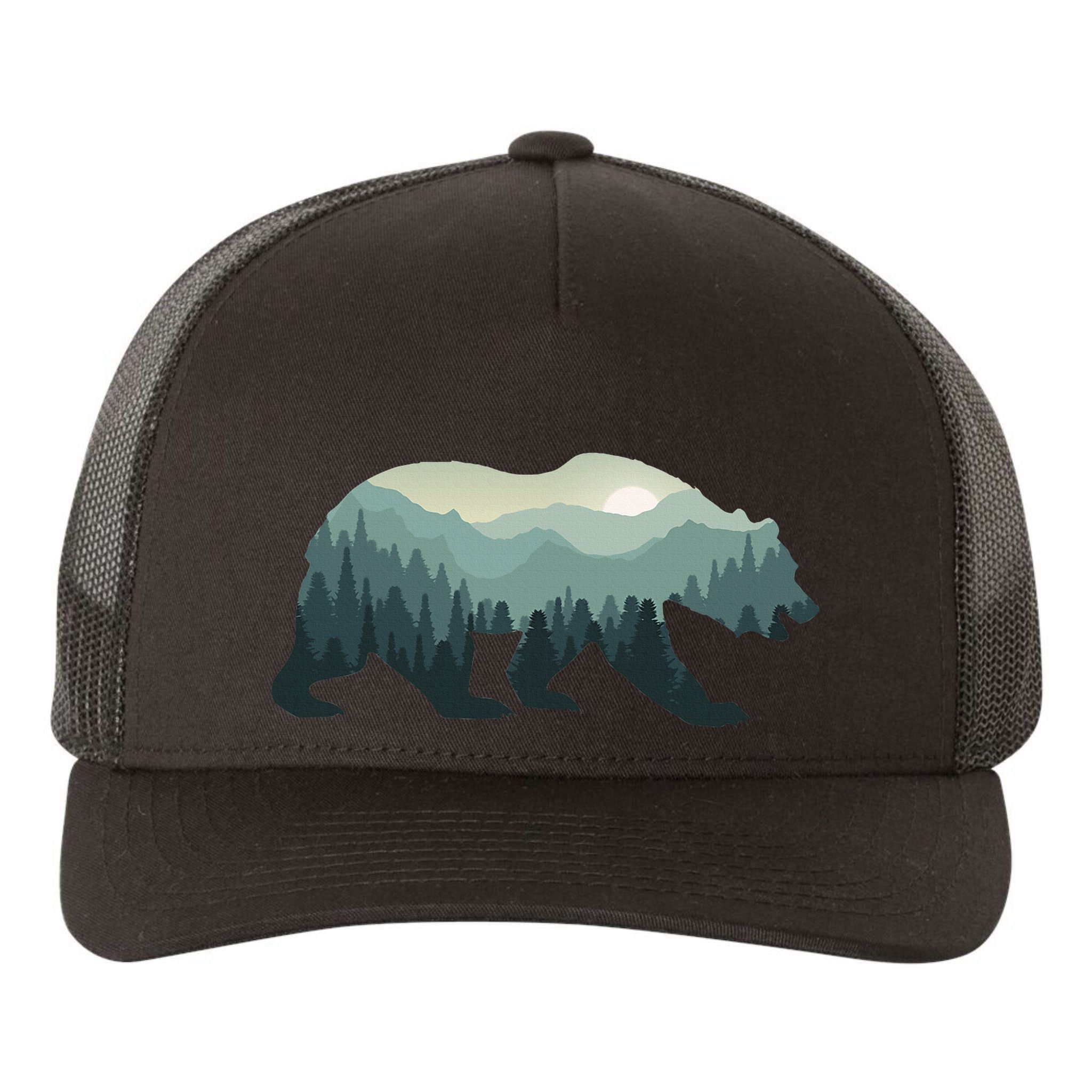 Misty Forest Bear Silhouette Wildlife Nature Lover Yupoong Adult 5-Panel Trucker Hat