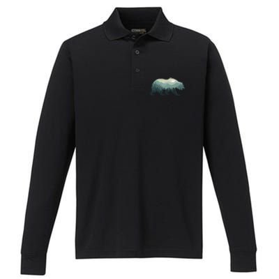 Misty Forest Bear Silhouette Wildlife Nature Lover Performance Long Sleeve Polo