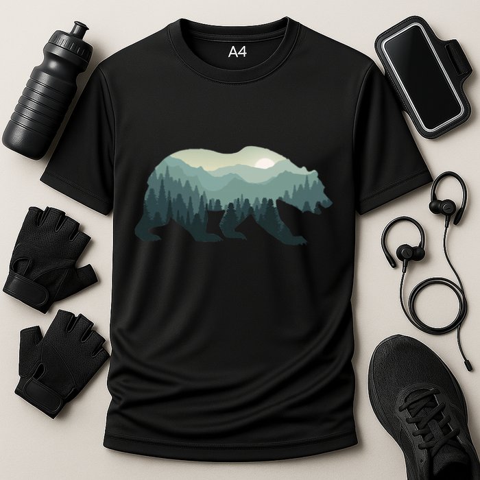 Misty Forest Bear Silhouette Wildlife Nature Lover Cooling Performance Crew T-Shirt