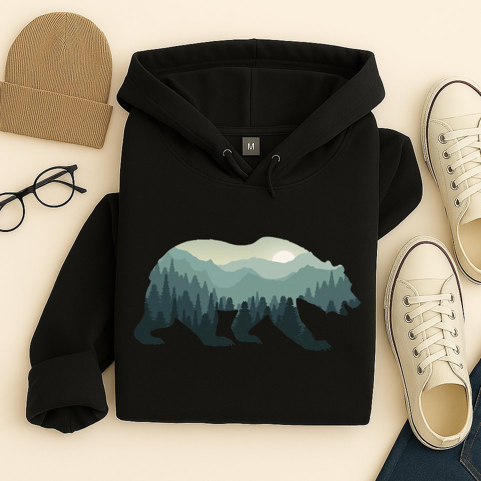 Misty Forest Bear Silhouette Wildlife Nature Lover Hoodie