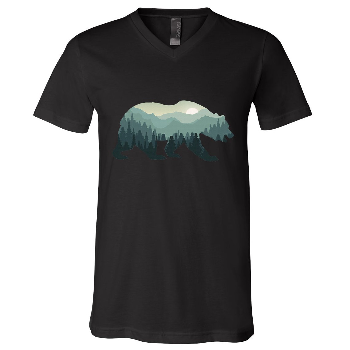 Misty Forest Bear Silhouette Wildlife Nature Lover V-Neck T-Shirt