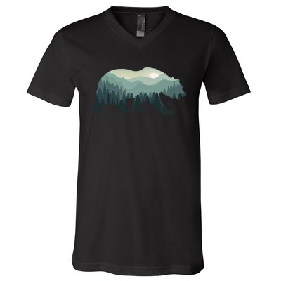 Misty Forest Bear Silhouette Wildlife Nature Lover V-Neck T-Shirt