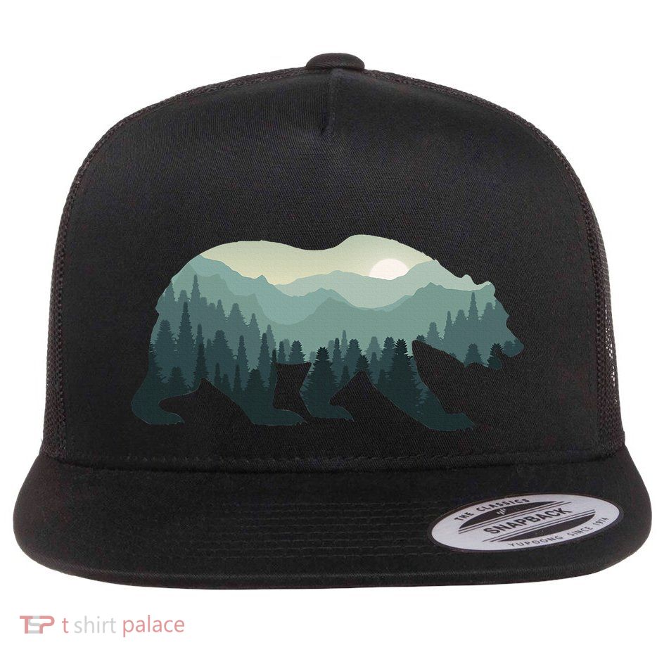 Misty Forest Bear Silhouette Wildlife Nature Lover Flatbill Hat