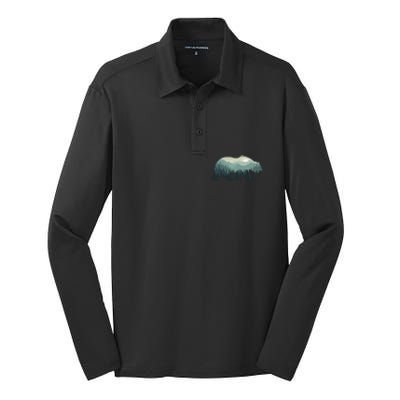 Misty Forest Bear Silhouette Wildlife Nature Lover Silk Touch Performance Long Sleeve Polo