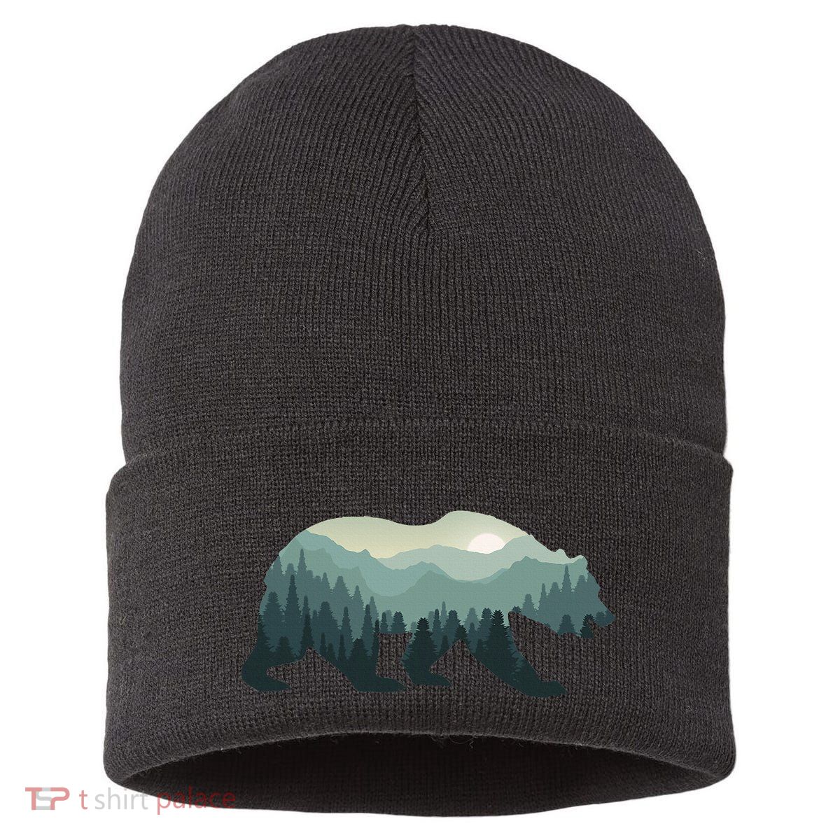 Misty Forest Bear Silhouette Wildlife Nature Lover Sustainable Knit Beanie