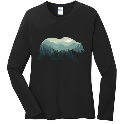 Misty Forest Bear Silhouette Wildlife Nature Lover Ladies Long Sleeve Shirt