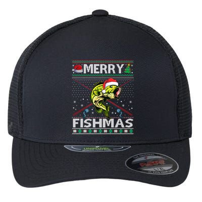 Merry Fishmas Bass Fish Fishing Christmas Ugly Sweater Xmas Funny Gift Flexfit Unipanel Trucker Cap