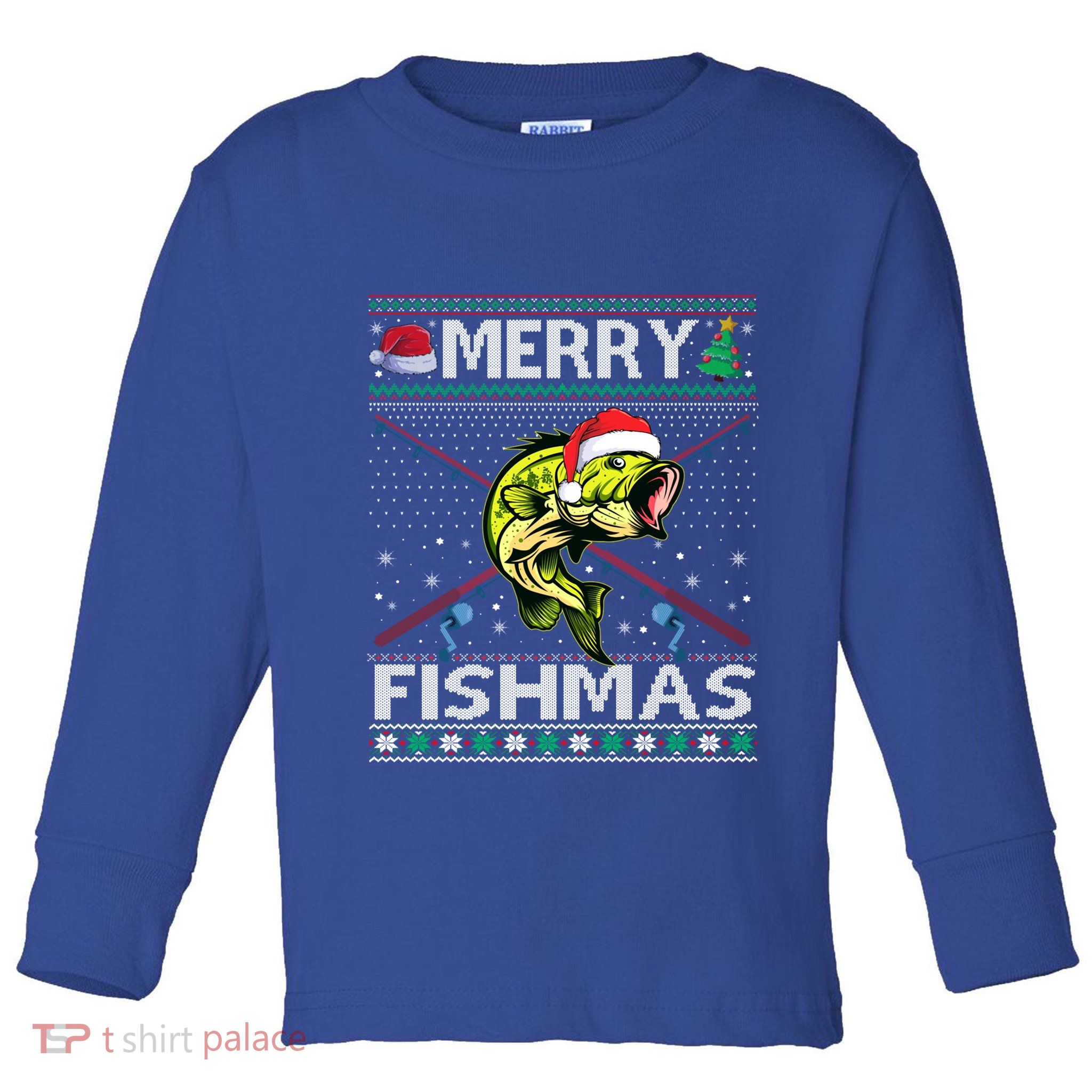 Merry Fishmas Bass Fish Fishing Christmas Ugly Sweater Xmas Funny Gift Toddler Long Sleeve Shirt