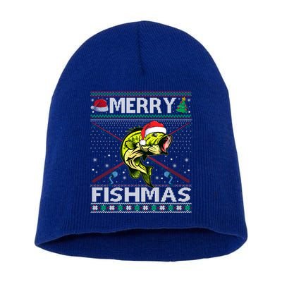Merry Fishmas Bass Fish Fishing Christmas Ugly Sweater Xmas Funny Gift Short Acrylic Beanie